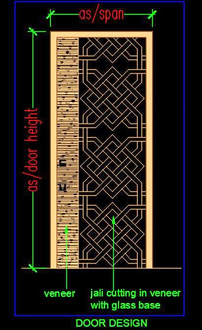 Flush Door Free CAD Design- Modern Veneer with Glass and Jali